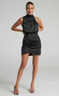 Rammey Mini Dress - High Neck Draped Dress in Black