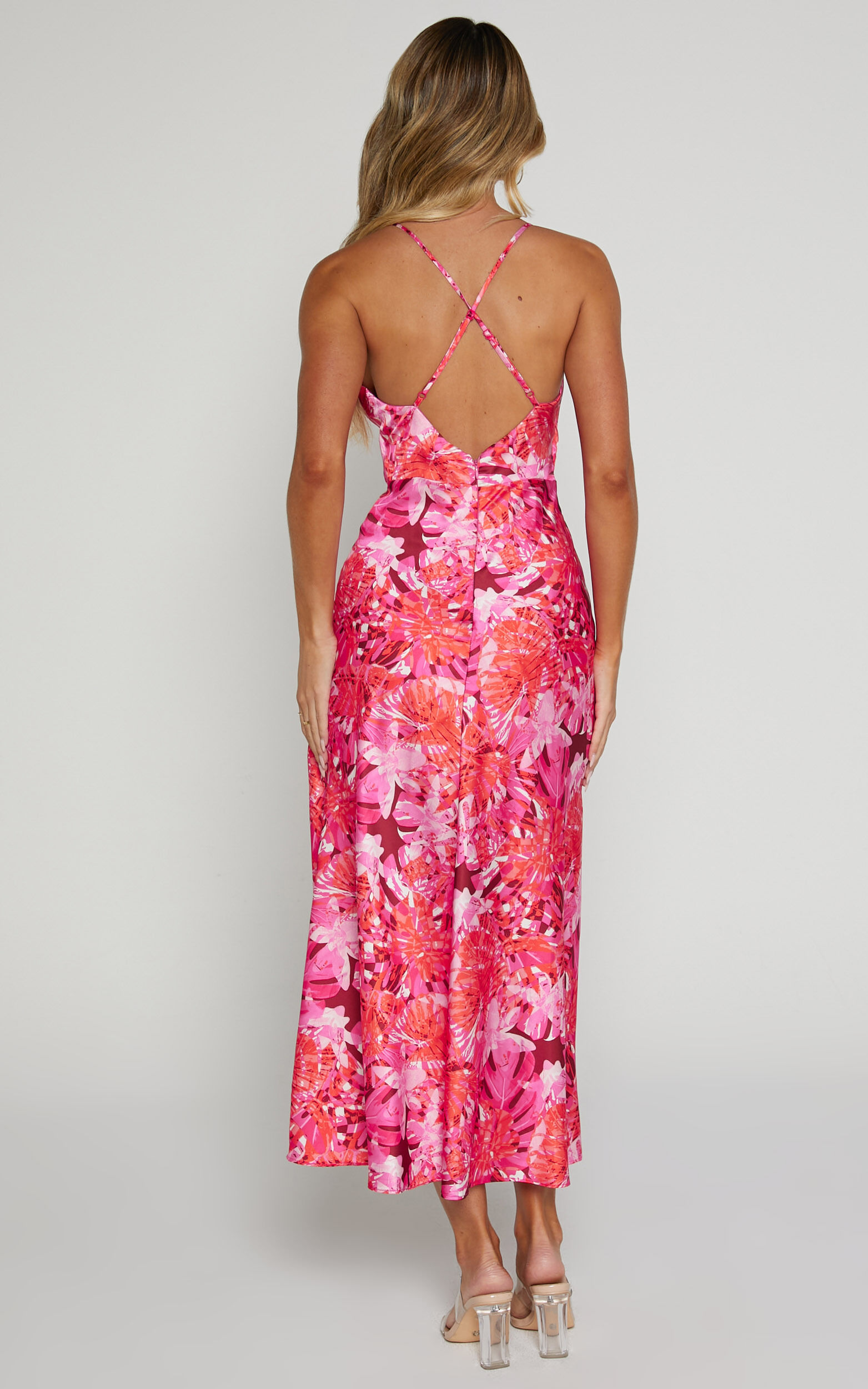 Tove Midi Dress - Twist Front Cut Out Satin Dress in Ice Pink | Showpo