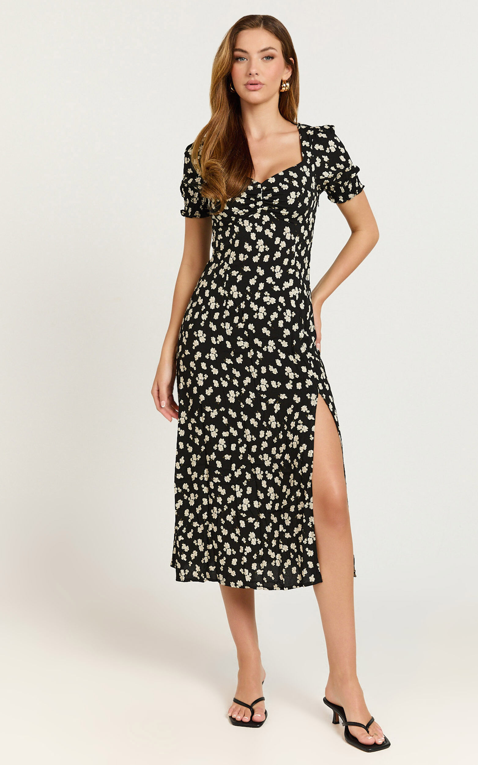 Marcel Midi Dress - Sweetheart Puff Sleeve Thigh Split Dress in Black ...