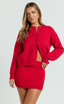 Lucille Cardigan - Button Through Scoop Neck Knit Cardigan in Red
