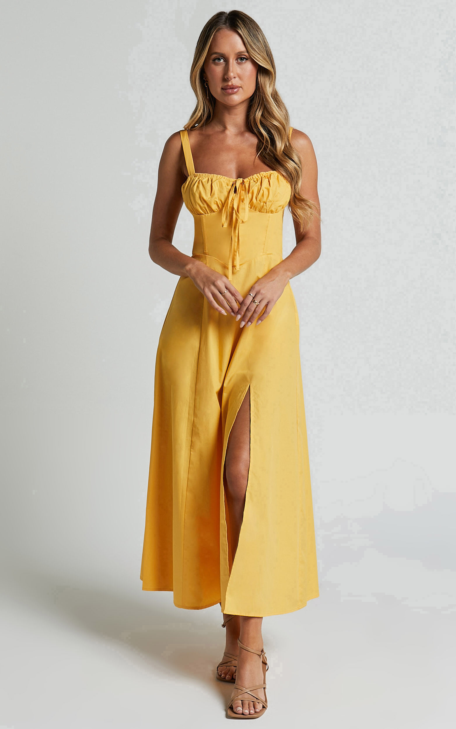 Maiya Midi Dress - Tie Front Fitted Bodice Dress in Pineapple | Showpo USA