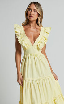 Levona Midi Dress - Ruffle Shoulder Tiered Dress in Lemon