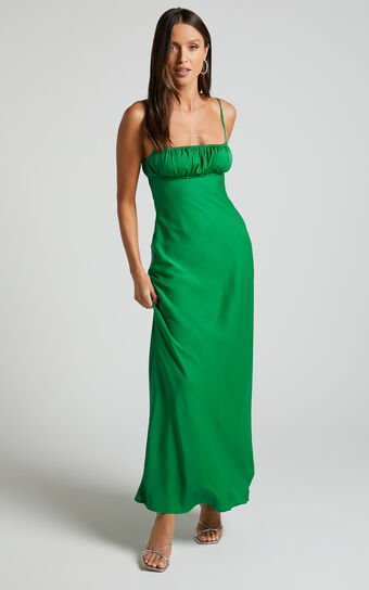 Carla Midi Dress - Ruched Bust Satin Slip Dress in Green