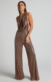 Julien Jumpsuit - Backless Wide Leg Cowl Neck Sequin Jumpsuit in Bronze ...