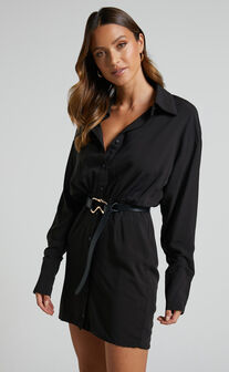 Norie Mini Dress - Button Up Long Sleeve Shirt Dress in Black