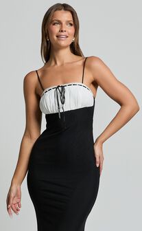 Emelia Midi Dress - Strappy Straight Neck Ruched Bust Dress in Black