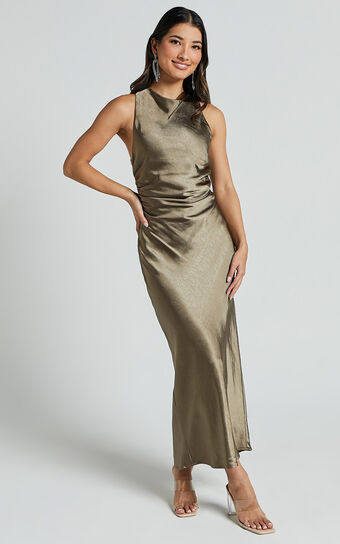 Aluna Midi Dress - High Neck Cross Back Satin Slip Dress in Olive