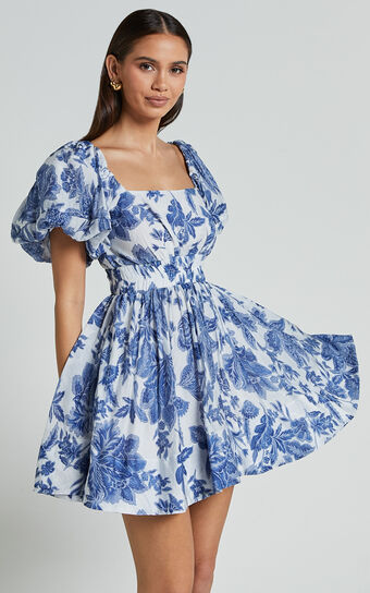 Mira Mini Dress - Square Neck Balloon Sleeve Dress in Blue Floral