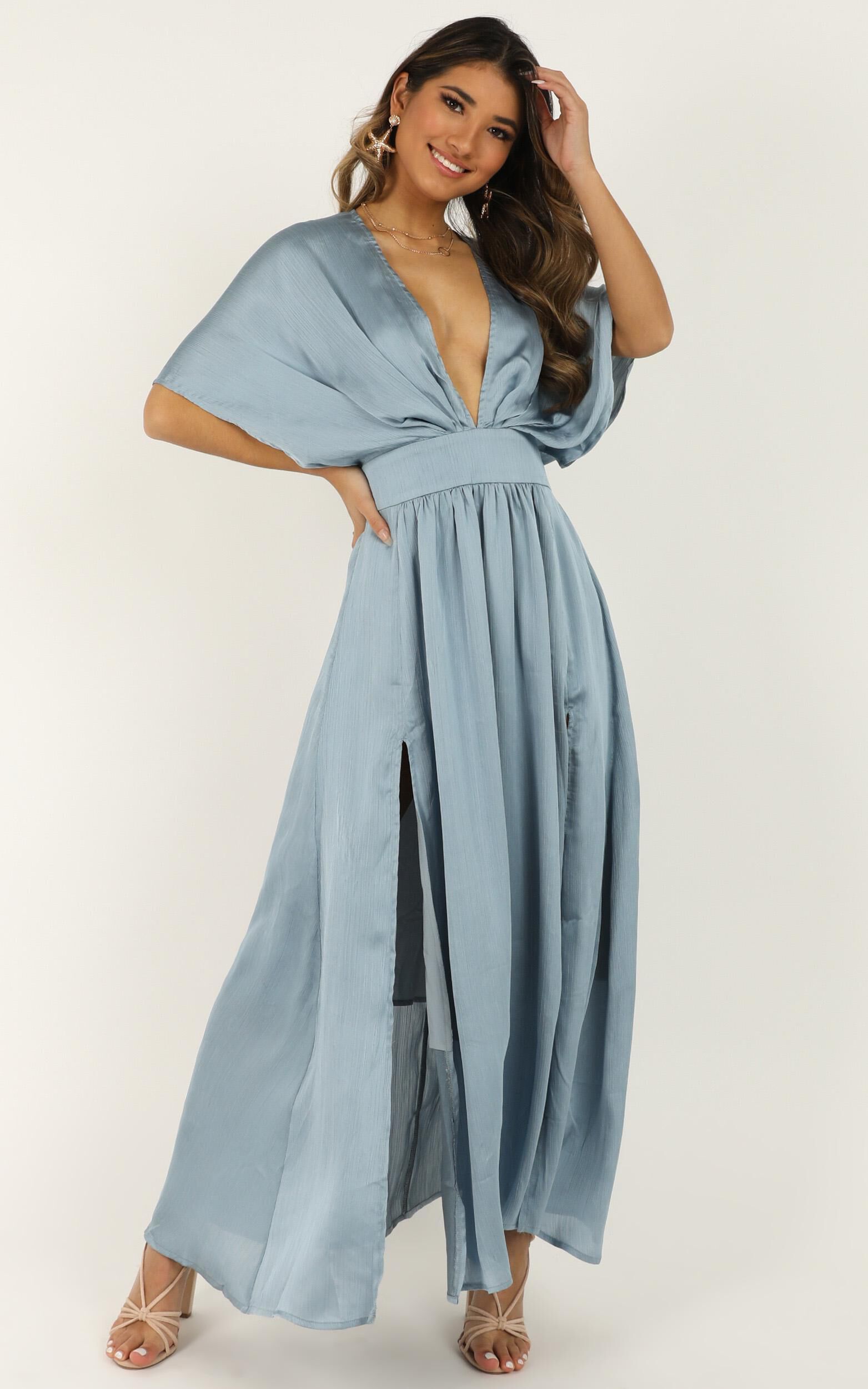 Save It For Later Dress in Dusty Blue Satin | Showpo USA
