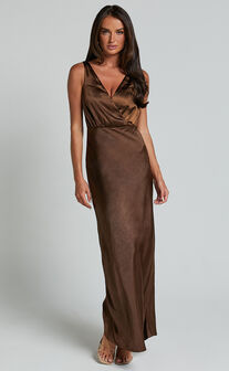 Melodie Midi Dress - V Neck Satin Slip Dress in Chocolate