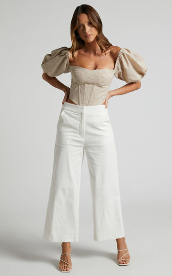 RHAILA PANTS - MID RISE RELAXED WIDE LEG CULOTTE PANTS in White