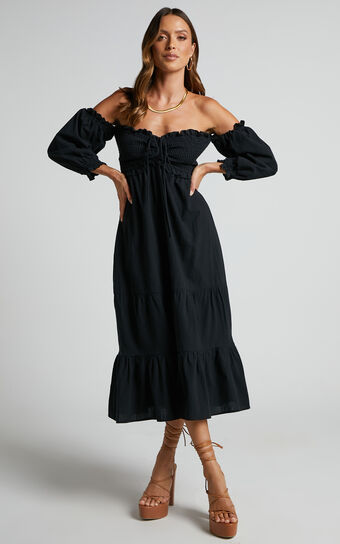 Nikka Midi Linen Blend Dress - Shirred Off Shoulder Puff Sleeve Dress in Black