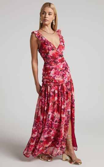 Jilliane Maxi Dress - Ruched Thigh Split Dress in Fuchsia Frenzy