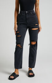 Billie Jeans - High Waisted Cotton Distressed Mom Denim Jeans in Black ...