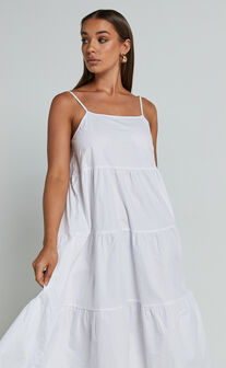 Siony Midi Dress - Scoop Neck Strappy Scallop Hem Tiered Dress in White