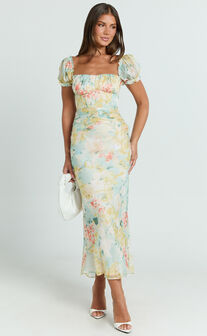 Debina Maxi Dress - Sweetheart Neckline Short Sleeve Dress in Yellow