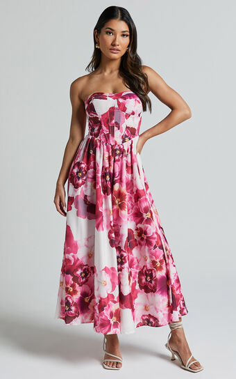 Kaiden Midi Dress - Strapless Fit and Flare in Fiesta Floral Pink