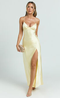 Heidi Maxi Dress - Satin Ruched Bust Tie Back Dress in Lemon