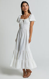 Claritza Midi Dress - Linen Look Short Puff Sleeve Square Neck Tiered Dress in White | Showpo USA