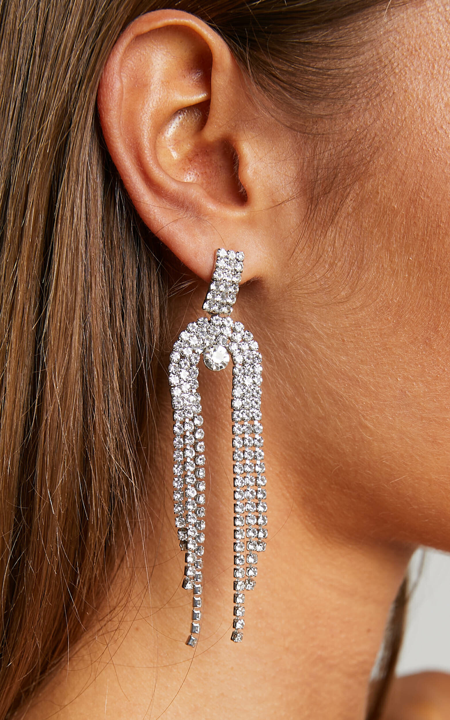 Long silver diamante earrings shop