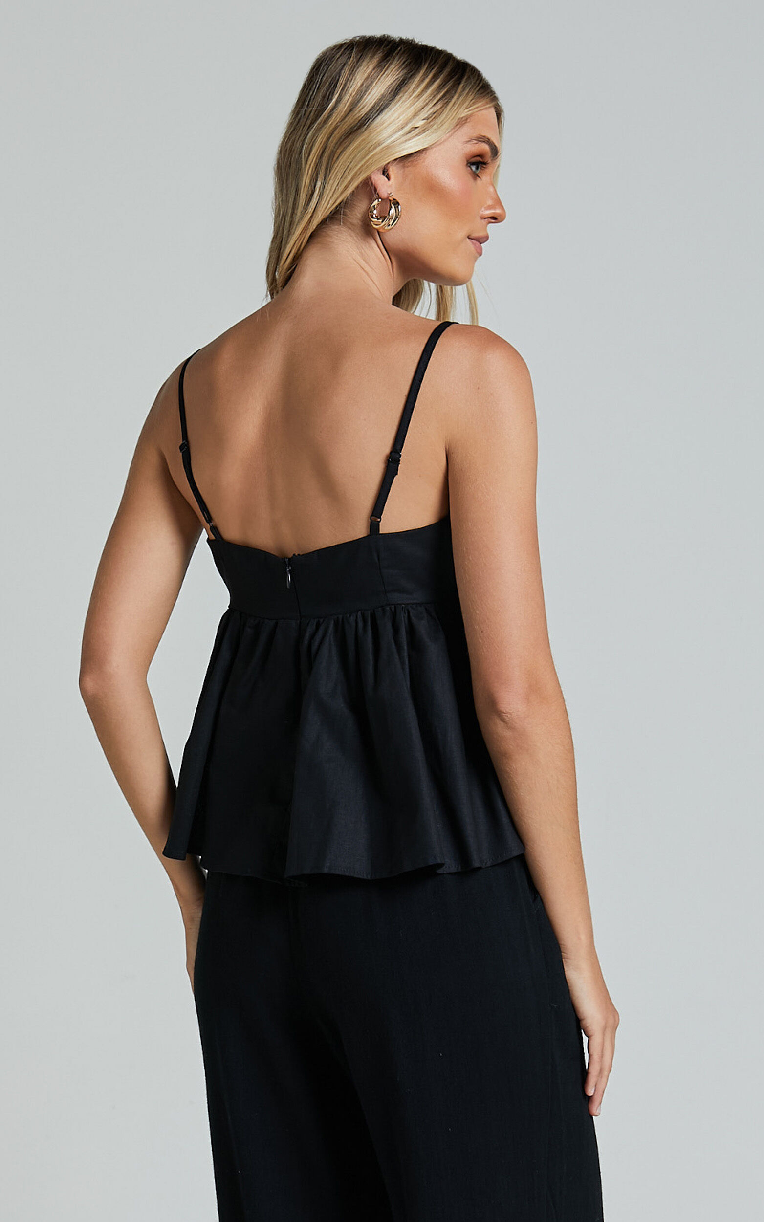 Vanessa Top - Linen Strappy Babydoll Top in Black | Showpo EU