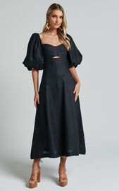Amalie The Label - Catalina Linen Blend Sweetheart Balloon Sleeve Midi ...