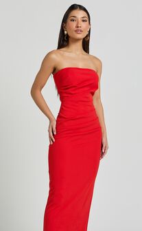 Calanthe Midi Dress - Strapless Tuck Detail Dress in Red