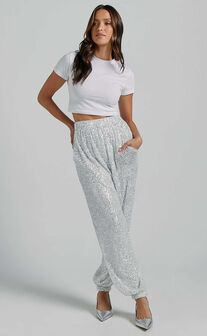 Kendrick Pant - Elasticated High Waist Sequin Jogger in Silver