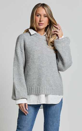 Aubrey Jumper - Crew Neck Knit Jumper in Grey Marle