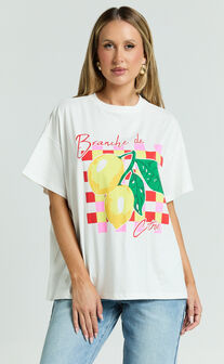 Fiona Top - Oversized Lemons Print T-Shirt in White