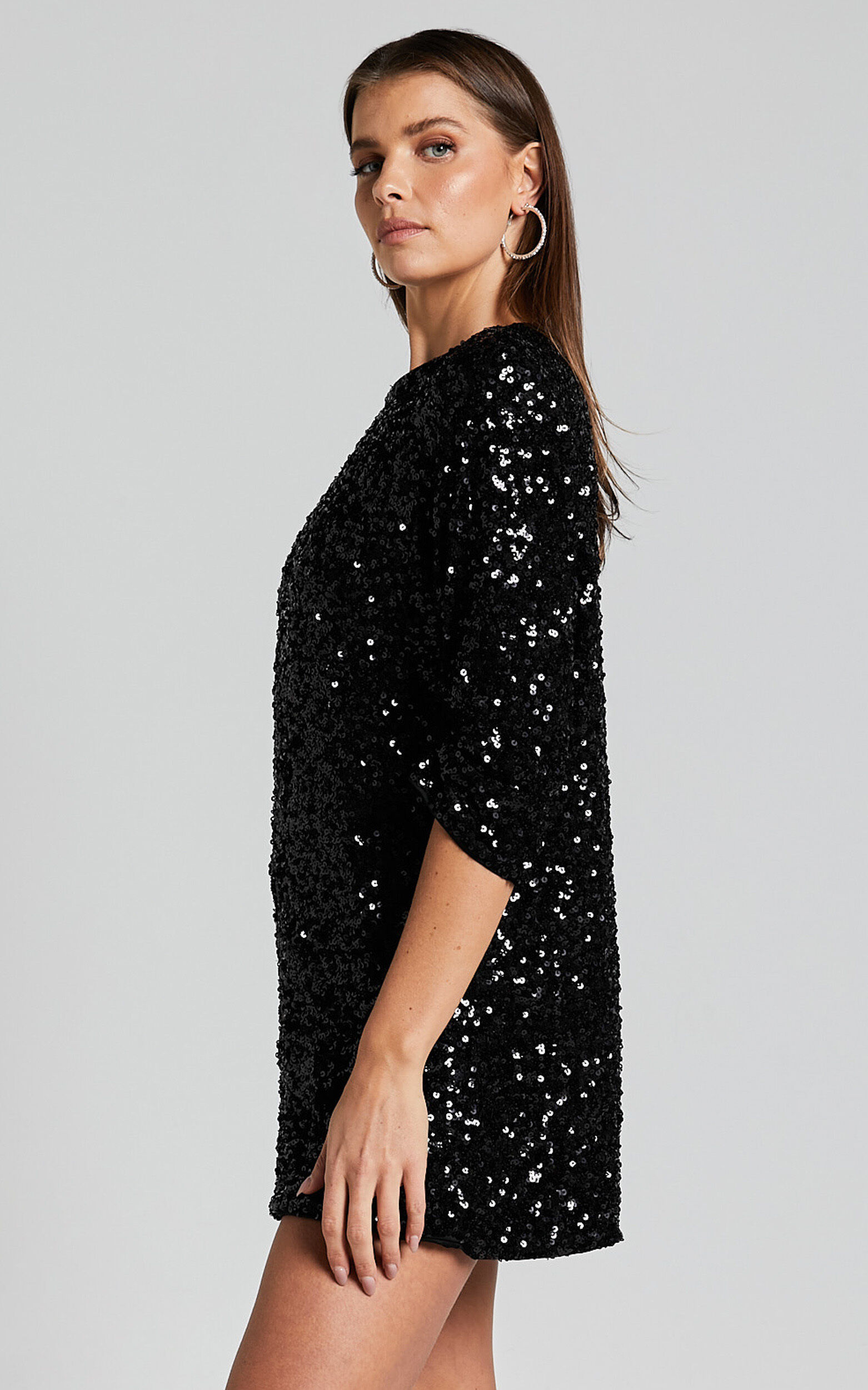 Audrienna Mini Dress Sequin Long Sleeve Scoop Neck in Black