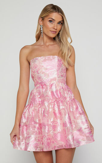 Annita Mini Dress - Scalloped Trim Strapless Dress in Pink