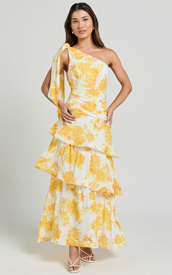 Krissy Midi Dress - Asymmetrical Tie Shoulder Layered Dress in Yellow Floral