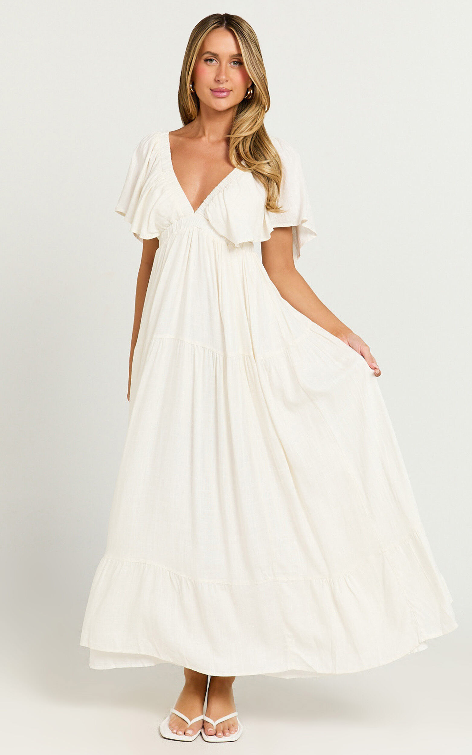 Lyrad Midi Dress - Linen Empire Waist Textured Dress in White - 06, WHT1