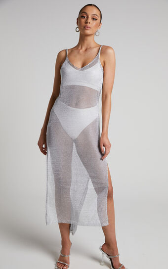 Halsey Maxi Dress - High Low Shimmer Mesh Dress in Silver