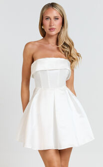 Valora Mini Dress - Strapless Fit and Flare Satin Dress in Ivory