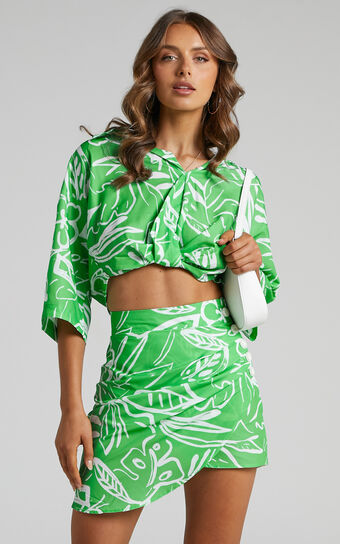 Clarrie Two Piece Set - Crop Top Wrap Skirt Two Piece Set in Green/White