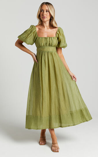 Roshina Midi Dress - Straight Neck Puff Sleeve Dress in Olive