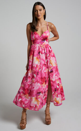 Shairah Midi Dress - Cross Back Gathered Sweetheart Dress in Watercolour Bloom