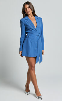 Mhina Mini Dress - Waist Tie Blazer Dress in Cobalt