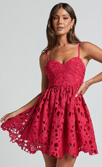 Auriana Mini Dress - Sweetheart Fit & Flare Lace Dress in Red