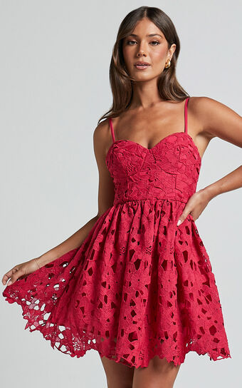 Auriana Mini Dress - Sweetheart Fit & Flare Lace Dress in Red