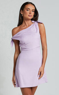 Jeofina Mini Dress - Off The Shoulder Linen Look Dress in Lilac
