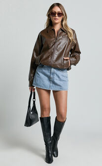 Chloe Jacket - Faux Leather Bomber Jacket in Brown