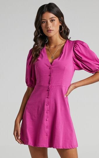 Rochelle Mini Dress - V Neck Button Through Dress in Purple