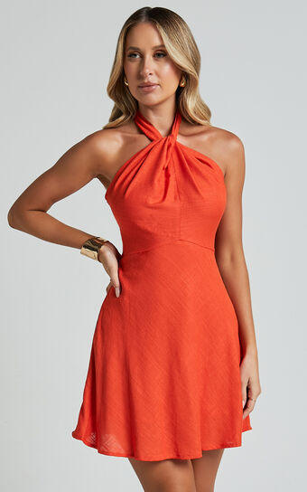 Louie Mini Dress - Linen Halter Neck Dress in Orange