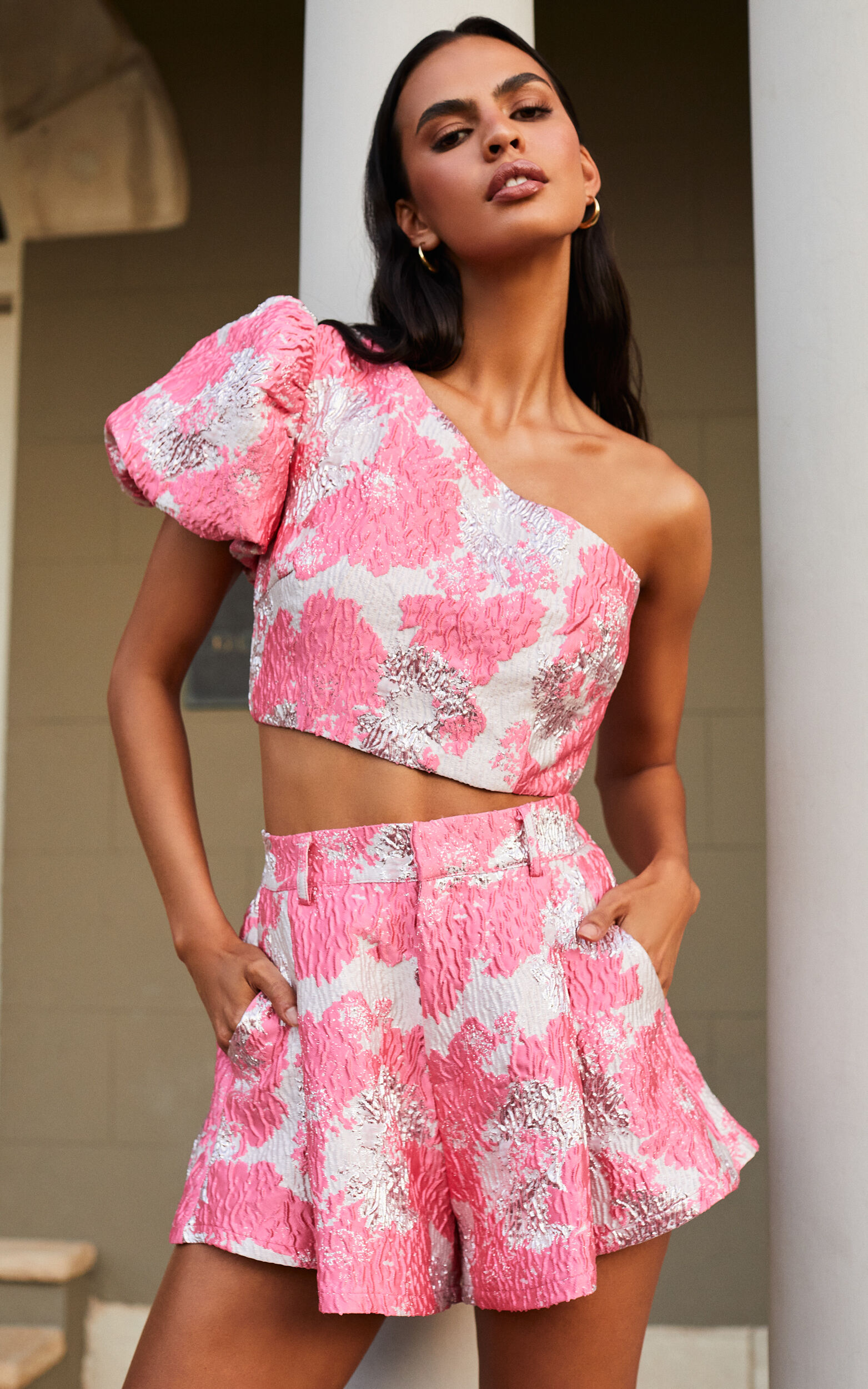 Brailey Two Piece Set - One Shoulder Puff Sleeve Top and Shorts Set in Light Pink Jacquard - 06, PNK1