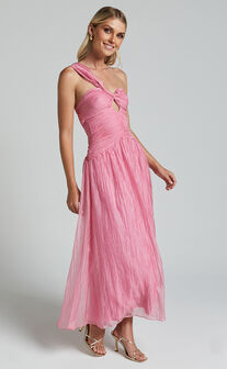 Janeilla Midi Dress - One Shoulder Cut Out Front Ruched Fit and Flare Dress in Pink