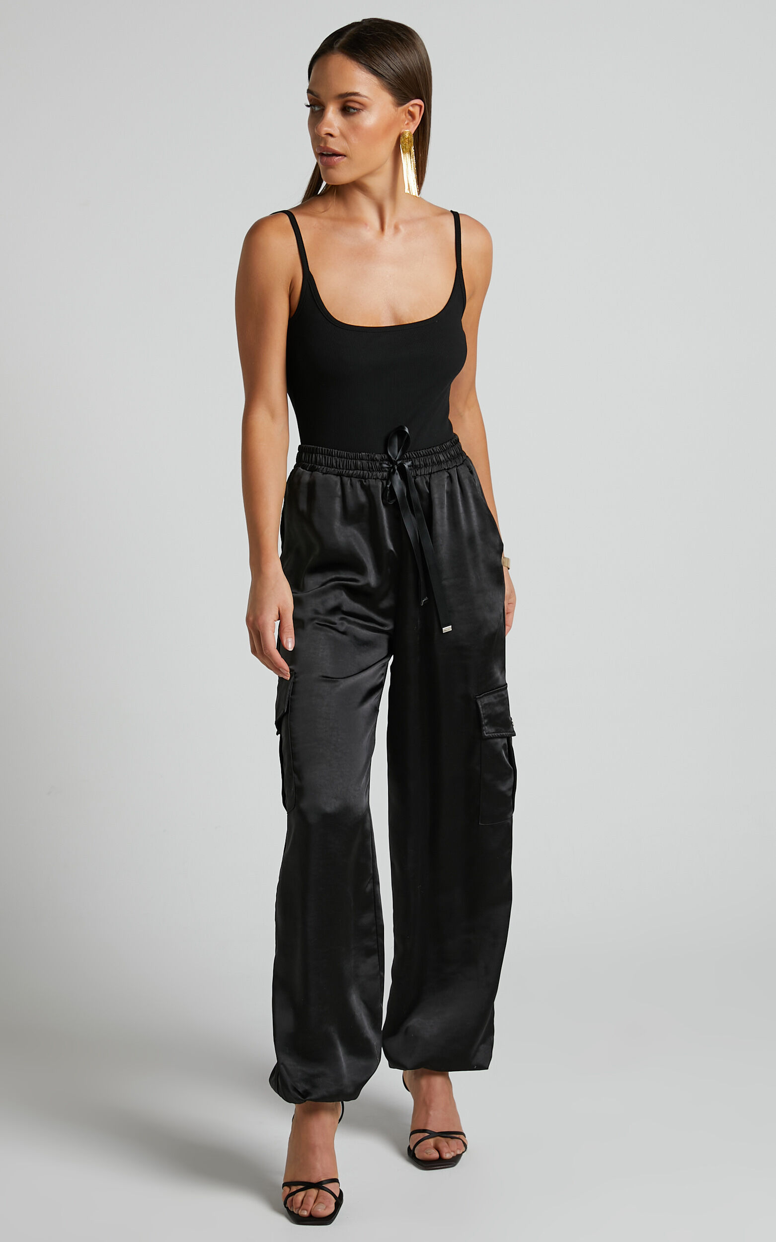 Jadeiah Pants - Mid Rise Cargo Pocket Satin Jogger Pant in