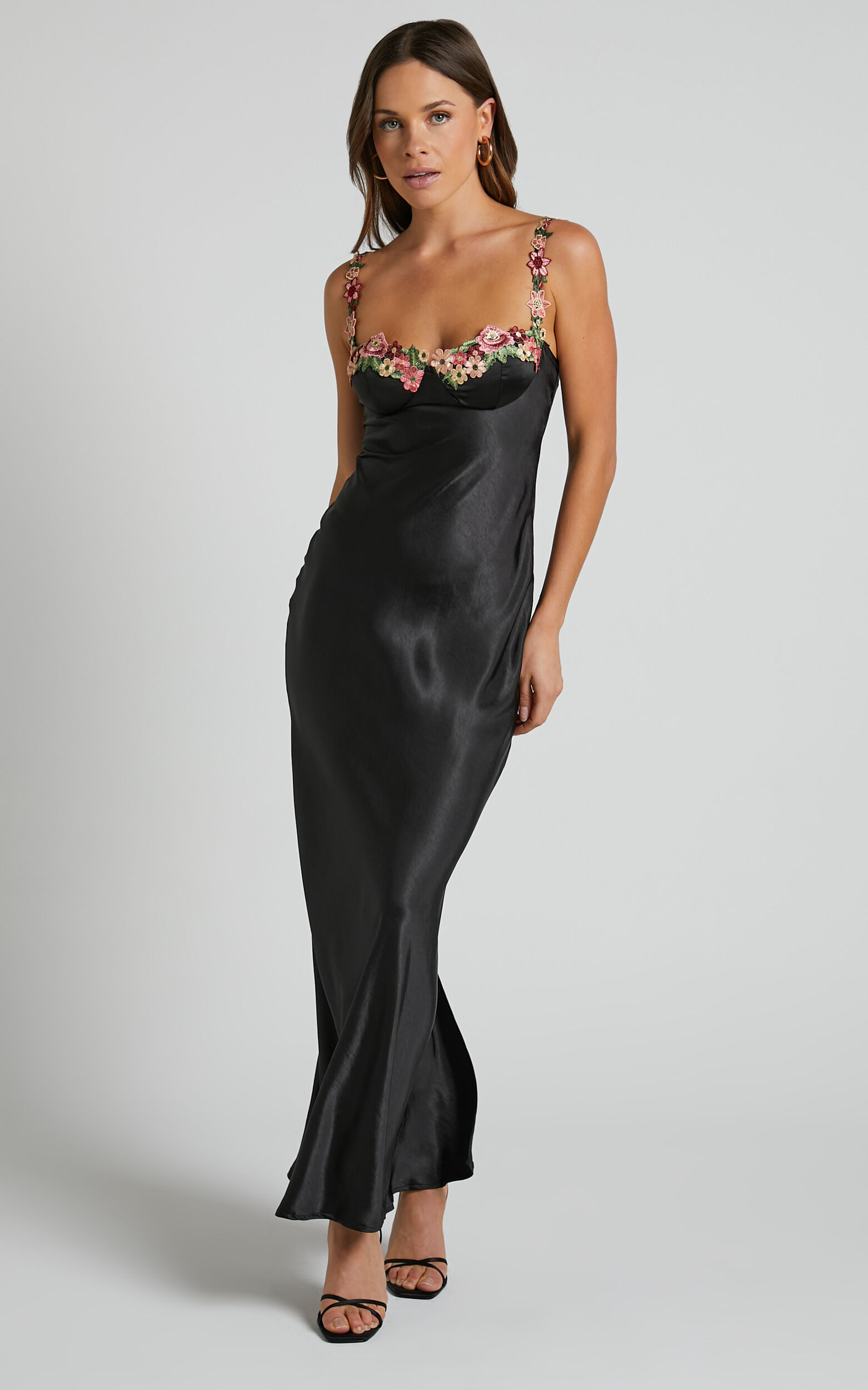Harmony Midi Dress Floral Detail Cup Bust Satin Dress in Black